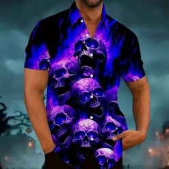 Best OUKU Halloween Men's Flame Halloween Costumes Skulls Shirt Summer Shirt Button Up Shirt Short Sleeve Dark Punk Gothic Style Holiday Streetwear Summer Spring Turndown 3D Print Collared Shirts Purple Orange