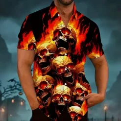 Best OUKU Halloween Men's Flame Halloween Costumes Skulls Shirt Summer Shirt Button Up Shirt Short Sleeve Dark Punk Gothic Style Holiday Streetwear Summer Spring Turndown 3D Print Collared Shirts Purple Orange