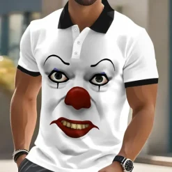 Clearance OUKU Halloween Men's Funny Clown Polo Short Sleeve Polo Shirts Lapel Ugly Hawaiian Casual Outdoor Street Gift Athleisure 3D Print Buttons Summer Black White Red