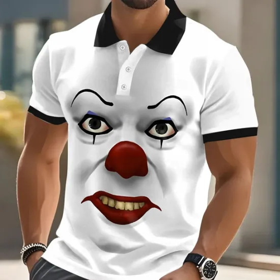 Clearance OUKU Halloween Men's Funny Clown Polo Short Sleeve Polo Shirts Lapel Ugly Hawaiian Casual Outdoor Street Gift Athleisure 3D Print Buttons Summer Black White Red
