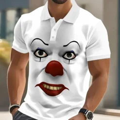 Clearance OUKU Halloween Men's Funny Clown Polo Short Sleeve Polo Shirts Lapel Ugly Hawaiian Casual Outdoor Street Gift Athleisure 3D Print Buttons Summer Black White Red