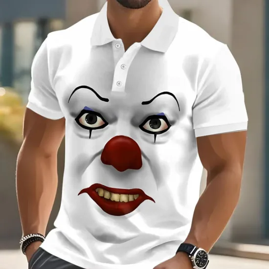 Clearance OUKU Halloween Men's Funny Clown Polo Short Sleeve Polo Shirts Lapel Ugly Hawaiian Casual Outdoor Street Gift Athleisure 3D Print Buttons Summer Black White Red