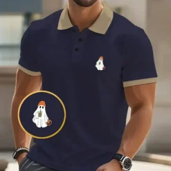 Sale OUKU Halloween Men's Ghost Polo Short Sleeve Polo Shirts Collared Shirts Casual Horror Dark Athleisure Festival Outfit Buttons Summer Black Pink Navy Blue