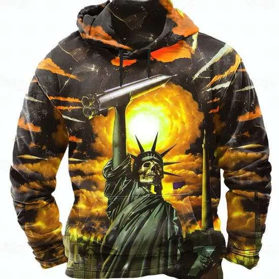 Sale OUKU Halloween Men's Graphic 3D Statue Of Liberty Hoodies Sweatshirt Punk Exaggerated Long Sleeve Crew Neck Club Streetwear Yellow Blue Drawstring Fall Winter Designer