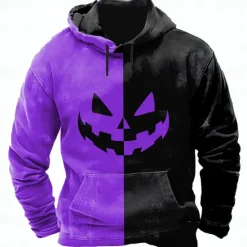 Outlet OUKU Halloween Men's Graphic Pumpkin 3D Sweatshirt Punk Exaggerated Long Sleeve Crew Neck Club Streetwear Purple Orange Drawstring 3D Fall Winter Designer