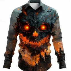 Discount OUKU Halloween Men's Grimace Halloween Costumes Shirt Button Up Shirt Long Sleeve Casual Dark Party Evening Wear Fall Winter Spring & Summer Turndown Shirt Collar Button Up 3D Print Orange