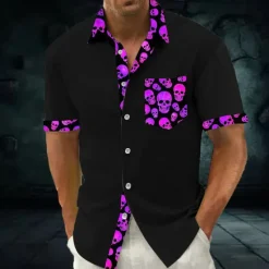 Online OUKU Halloween Men's Halloween Costumes Skulls Shirt Summer Shirt Button Up Shirt Short Sleeve Dark Gothic Style Holiday Summer Spring Turndown 3D Print Collared Shirts Front One Pocket Blue Purple Green