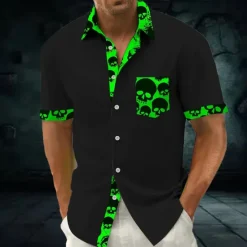 Online OUKU Halloween Men's Halloween Costumes Skulls Shirt Summer Shirt Button Up Shirt Short Sleeve Dark Gothic Style Holiday Summer Spring Turndown 3D Print Collared Shirts Front One Pocket Blue Purple Green