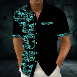Online OUKU Halloween Men's Halloween Costumes Skulls Shirt Summer Shirt Button Up Shirt Short Sleeve Dark Gothic Style Holiday Summer Spring Turndown 3D Print Collared Shirts Front One Pocket Blue Purple Green