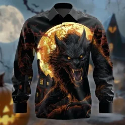 Outlet OUKU Halloween Men's Halloween Costumes Button Up Shirt Long Sleeve Horror Party Evening Wear Fall Winter Spring & Summer Shirt Collar 3D Print Black