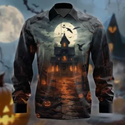 OUKU Halloween Men's Halloween Costumes Button Up Shirt Long Sleeve Horror Party Evening Wear Fall Winter Spring & Summer Shirt Collar 3D Print Black