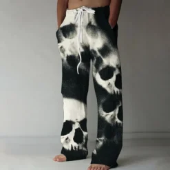Sale OUKU Halloween Men's Halloween Costumes Skulls Trousers Baggy Pants Casual Pants Mid Waist Casual Outdoor Vacation Elastic Drawstring Waist Linen-Like Pants with Pockets Spring Fall 3D Print Black Brown