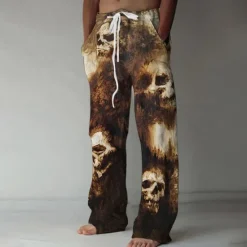 Sale OUKU Halloween Men's Halloween Costumes Skulls Trousers Baggy Pants Casual Pants Mid Waist Casual Outdoor Vacation Elastic Drawstring Waist Linen-Like Pants with Pockets Spring Fall 3D Print Black Brown