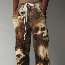 Sale OUKU Halloween Men's Halloween Costumes Skulls Trousers Baggy Pants Casual Pants Mid Waist Casual Outdoor Vacation Elastic Drawstring Waist Linen-Like Pants with Pockets Spring Fall 3D Print Black Brown