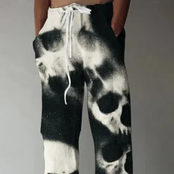 Sale OUKU Halloween Men's Halloween Costumes Skulls Trousers Baggy Pants Casual Pants Mid Waist Casual Outdoor Vacation Elastic Drawstring Waist Linen-Like Pants with Pockets Spring Fall 3D Print Black Brown