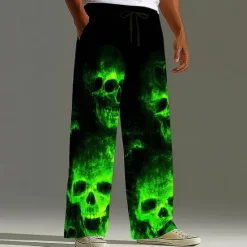 Discount OUKU Halloween Men's Halloween Costumes Skulls Trousers Baggy Pants Casual Pants Mid Waist Dark Punk Gothic Style Holiday Elastic Drawstring Waist Linen-Like Pants with Pockets Spring Fall 3D Print Black