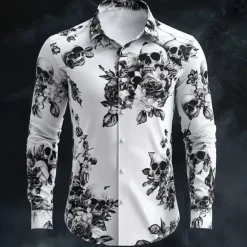 OUKU Halloween Men's Halloween Costumes Skulls Shirt Button Up Shirt Casual Dress Shirt Long Sleeve Dark Gothic Style Holiday Summer Spring Turndown 3D Print Collared Shirts White 1 Black White
