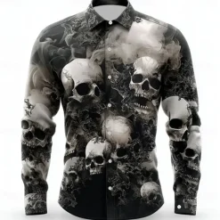 OUKU Halloween Men's Halloween Costumes Skulls Shirt Button Up Shirt Casual Dress Shirt Long Sleeve Dark Gothic Style Holiday Summer Spring Turndown 3D Print Collared Shirts White 1 Black White