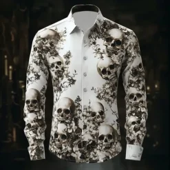 OUKU Halloween Men's Halloween Costumes Skulls Shirt Button Up Shirt Casual Dress Shirt Long Sleeve Dark Gothic Style Holiday Summer Spring Turndown 3D Print Collared Shirts White 1 Black White