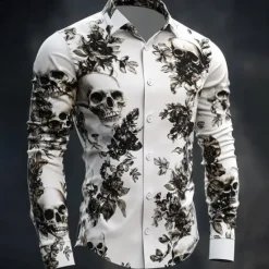 Online OUKU Halloween Men's Halloween Costumes Skulls Flowers Shirt Button Up Shirt Casual Dress Shirt Long Sleeve Dark Gothic Style Holiday Summer Spring Turndown 3D Print Collared Shirts White 1 White