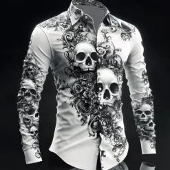Online OUKU Halloween Men's Halloween Costumes Skulls Flowers Shirt Button Up Shirt Casual Dress Shirt Long Sleeve Dark Gothic Style Holiday Summer Spring Turndown 3D Print Collared Shirts White 1 White