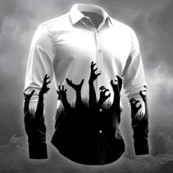 Online OUKU Halloween Men's Halloween Costumes Button Up Shirt Long Sleeve Horror Dark Party Evening Wear Fall Winter Spring & Summer Shirt Collar 3D Print Black