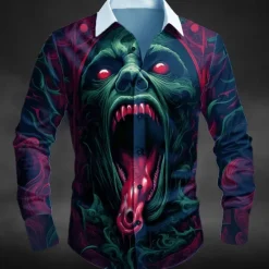 Online OUKU Halloween Men's Halloween Costumes Monster Shirt Button Up Shirt Long Sleeve Dark Punk Gothic Style Outdoor Holiday Summer Spring Turndown 3D Print Collared Shirts Red Blue Green