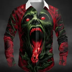 Online OUKU Halloween Men's Halloween Costumes Monster Shirt Button Up Shirt Long Sleeve Dark Punk Gothic Style Outdoor Holiday Summer Spring Turndown 3D Print Collared Shirts Red Blue Green