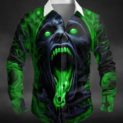 Online OUKU Halloween Men's Halloween Costumes Monster Shirt Button Up Shirt Long Sleeve Dark Punk Gothic Style Outdoor Holiday Summer Spring Turndown 3D Print Collared Shirts Red Blue Green