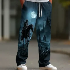 Hot OUKU Halloween Men's Halloween Costumes Headless Horseman Trousers Baggy Pants Casual Pants Mid Waist Dark Gothic Style Holiday Elastic Drawstring Waist Linen-Like Pants with Pockets Spring Fall 3D Print