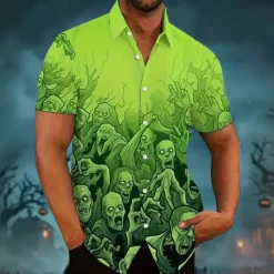 Best OUKU Halloween Men's Halloween Costumes Skulls Shirt Summer Shirt Button Up Shirt Short Sleeve Dark Gothic Style Holiday Summer Spring Turndown 3D Print Collared Shirts Front One Pocket Black Pink Blue