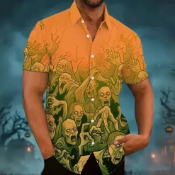Best OUKU Halloween Men's Halloween Costumes Skulls Shirt Summer Shirt Button Up Shirt Short Sleeve Dark Gothic Style Holiday Summer Spring Turndown 3D Print Collared Shirts Front One Pocket Black Pink Blue