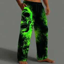 Hot OUKU Halloween Men's Halloween Costumes Skulls Trousers Baggy Pants Casual Pants Mid Waist Dark Gothic Style Holiday Elastic Drawstring Waist Linen-Like Pants with Pockets Spring Fall 3D Print Black Green