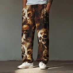 Clearance OUKU Halloween Men's Halloween Costumes Skulls Trousers Baggy Pants Casual Pants Mid Waist Dark Gothic Style Holiday Elastic Drawstring Waist Linen-Like Pants with Pockets Spring Fall 3D Print Black Brown