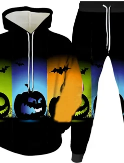 Discount OUKU Halloween Men's Halloween pumpkin 2pcs 3D Sweatshirt Sets Tracksuit Hoodie Sweatshirt Long Sleeve Long pants Hooded Casual Daily Athleisure Festival Outfit 3D Print Spring Fall Winter Robin's Egg