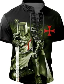 Hot OUKU Halloween Men's Knights Templar Henley Shirt T shirt Tee Short Sleeve T shirt 3D Print Crew Neck Lace Up Neck Henley Shirt Casual Street Sports Outdoor Casual Black Blue Green Summer Spring All