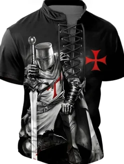 Hot OUKU Halloween Men's Knights Templar Henley Shirt T shirt Tee Short Sleeve T shirt 3D Print Crew Neck Lace Up Neck Henley Shirt Casual Street Sports Outdoor Casual Black Blue Green Summer Spring All