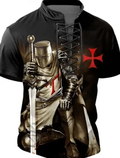 Hot OUKU Halloween Men's Knights Templar Henley Shirt T shirt Tee Short Sleeve T shirt 3D Print Crew Neck Lace Up Neck Henley Shirt Casual Street Sports Outdoor Casual Black Blue Green Summer Spring All