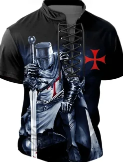 Hot OUKU Halloween Men's Knights Templar Henley Shirt T shirt Tee Short Sleeve T shirt 3D Print Crew Neck Lace Up Neck Henley Shirt Casual Street Sports Outdoor Casual Black Blue Green Summer Spring All