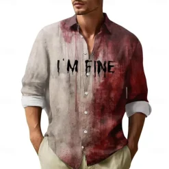 Hot OUKU Halloween Men's Letter Printed Blood stains Halloween Costumes Shirt Button Up Shirt Long Sleeve Dark Punk Gothic Style Holiday Streetwear Summer Spring Turndown 3D Print Collared Shirts Red 1 Red