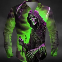 Outlet OUKU Halloween Men's Lightening Death Halloween Costumes Shirt Button Up Shirt Long Sleeve Dark Punk Gothic Style Outdoor Holiday Summer Spring Turndown 3D Print Collared Shirts Yellow Orange Green