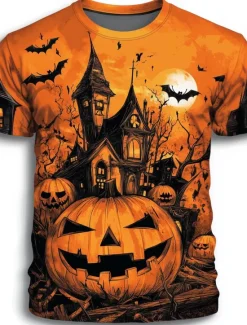 Outlet OUKU Halloween Men's Optical Illusion Pumpkin 3D T Shirt Short Sleeve T shirt 3D Print Crew Neck Shirt Exaggerated Designer Horror Party Street Casual Orange 3 Orange Orange 2 Summer Spring Fall Clothing