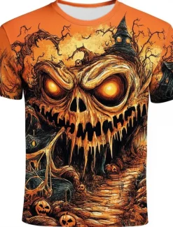 Online OUKU Halloween Men's Optical Illusion Pumpkin 3D T Shirt Short Sleeve T shirt 3D Print Crew Neck Round Neck Shirt Exaggerated Designer Horror Party Street Casual Orange 3 Orange Orange 2 Summer Spring All