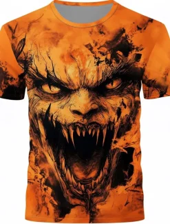 Online OUKU Halloween Men's Optical Illusion Pumpkin 3D T Shirt Short Sleeve T shirt 3D Print Crew Neck Round Neck Shirt Exaggerated Designer Horror Party Street Casual Orange 3 Orange Orange 2 Summer Spring All
