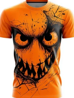 Online OUKU Halloween Men's Optical Illusion Pumpkin 3D T Shirt Short Sleeve T shirt 3D Print Crew Neck Round Neck Shirt Exaggerated Designer Horror Party Street Casual Orange 3 Orange Orange 2 Summer Spring All