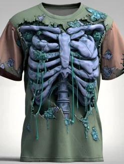 Online OUKU Halloween Men's Optical Illusion 3D Skeleton T Shirt Short Sleeve T shirt 3D Print Crew Neck Shirt Exaggerated Designer Horror Party Club Lake Blue Yellow Blue Summer Spring All Seasons Clothing