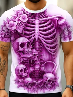 OUKU Halloween Men's Optical Illusion 3D Skeleton T Shirt Short Sleeve T shirt 3D Print Crew Neck Shirt Exaggerated Designer Horror Party Street Casual White Yellow Blue Summer Spring All Seasons Clothing