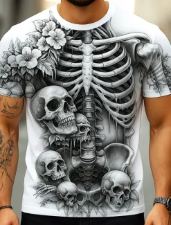 OUKU Halloween Men's Optical Illusion 3D Skeleton T Shirt Short Sleeve T shirt 3D Print Crew Neck Shirt Exaggerated Designer Horror Party Street Casual White Yellow Blue Summer Spring All Seasons Clothing