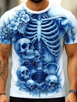 OUKU Halloween Men's Optical Illusion 3D Skeleton T Shirt Short Sleeve T shirt 3D Print Crew Neck Shirt Exaggerated Designer Horror Party Street Casual White Yellow Blue Summer Spring All Seasons Clothing