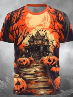 Best OUKU Halloween Men's Optical Illusion Pumpkin 3D T Shirt Short Sleeve T shirt 3D Print Crew Neck Shirt Exaggerated Designer Horror Party Street Holiday Orange 3 Black Orange Summer Spring Clothing Apparel